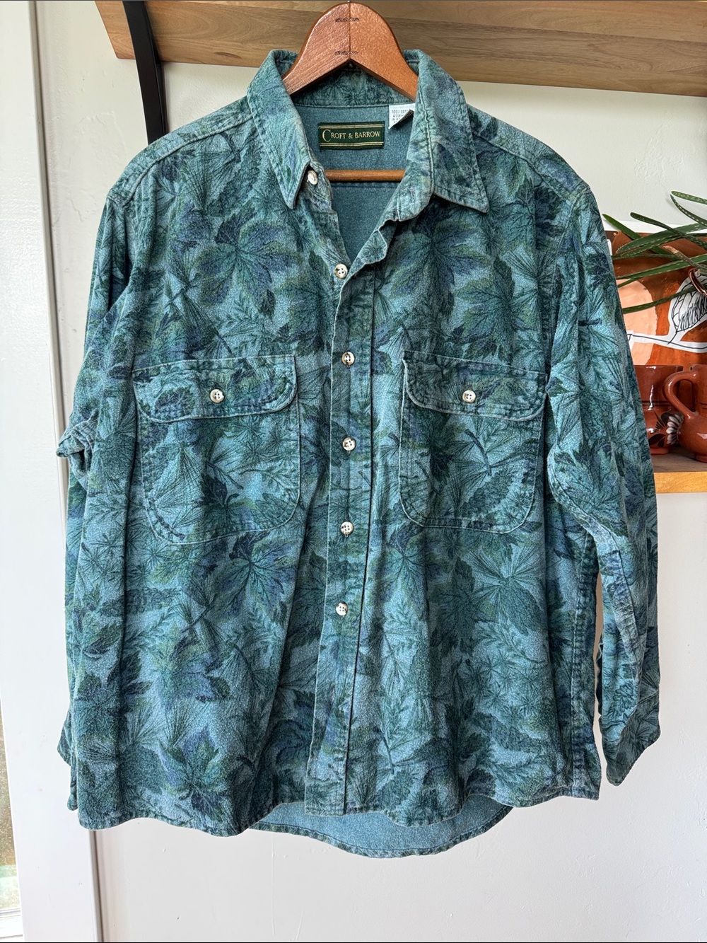 Vintage Croft & Barrow Teal Green Leaf Print Flannel Button-Down Shirt Sz Large